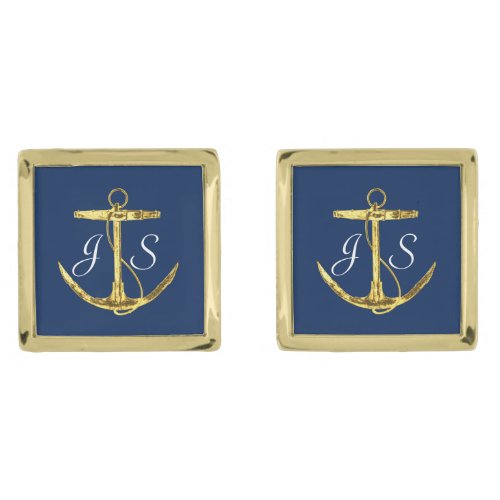Navy Blue and Gold Monogram Wedding Cufflinks