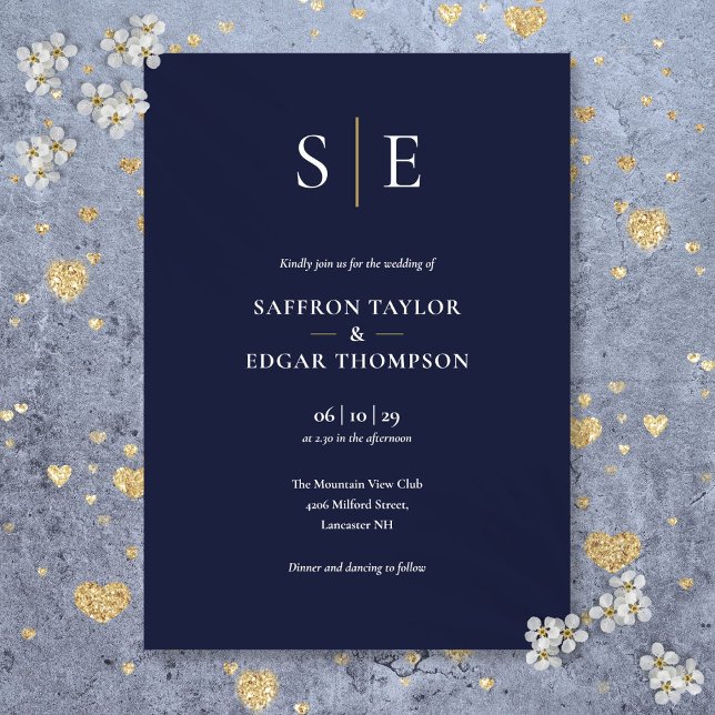 Navy Blue And Gold Monogram Wedding Invitation (Navy Blue And Gold Monogram Wedding Invitation)