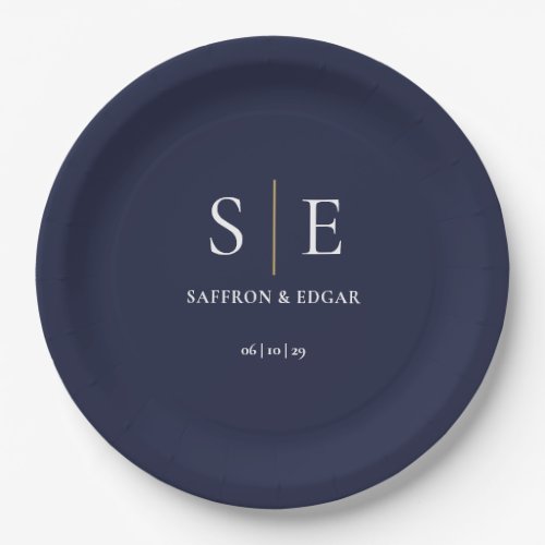 Navy Blue And Gold Monogram Wedding Paper Plates