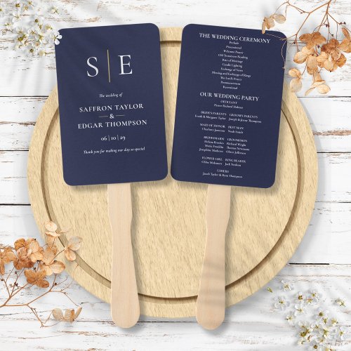 Navy Blue And Gold Monogram Wedding Program Hand Fan