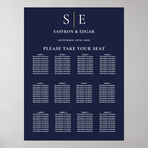 Navy Blue And Gold Monogram Wedding Seating Chart