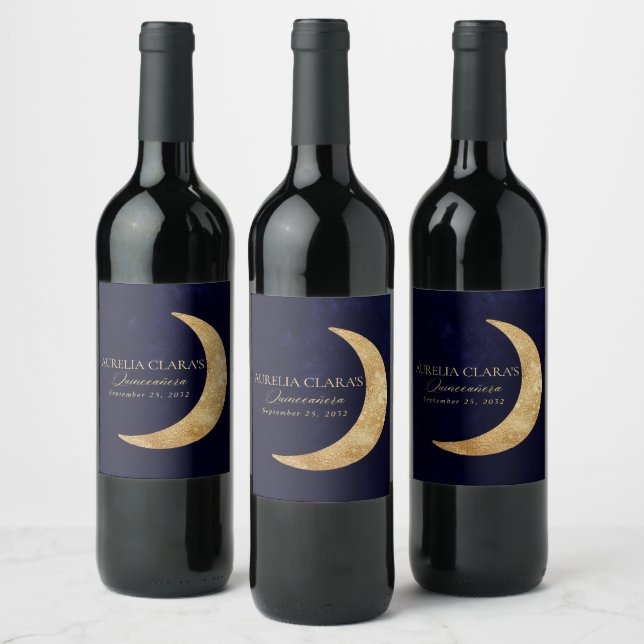 Navy blue and Gold Moon Quinceañera Wine Label (Bottles)