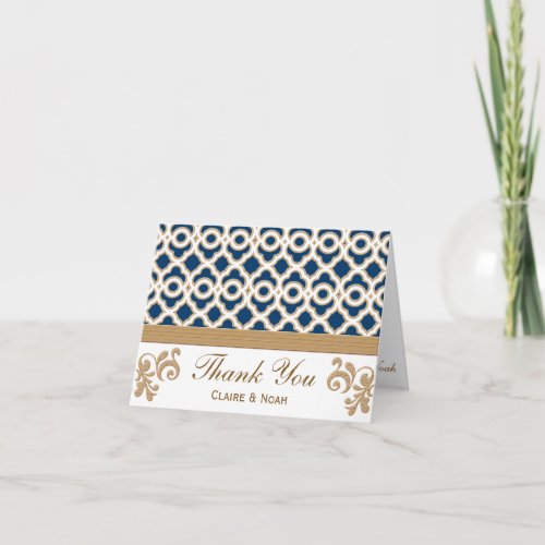 Navy Blue and Gold Moroccan Thank You Wedding Card