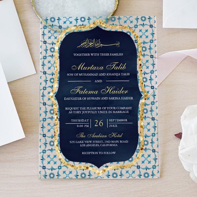 Navy Blue and Gold Moroccan Tile Islamic Wedding Acrylic Invitations (Creator Uploaded)