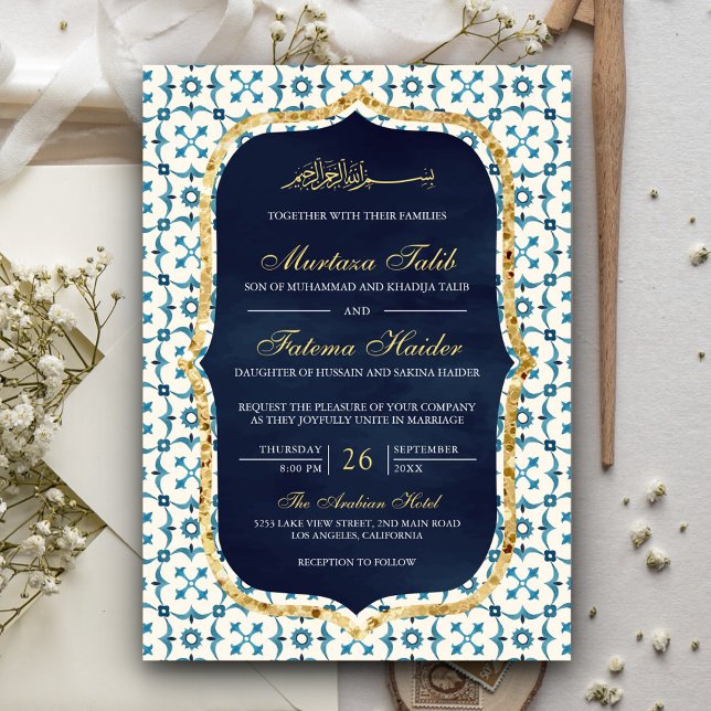Navy Blue and Gold Moroccan Tile Islamic Wedding Invitation (Creator Uploaded)