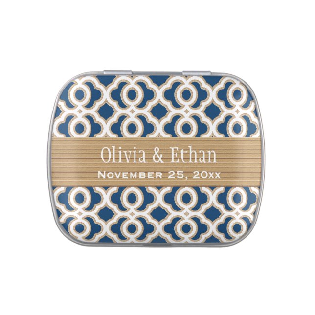 Navy Blue and Gold Moroccan Wedding Favor Jelly Belly Candy Tin (Top)