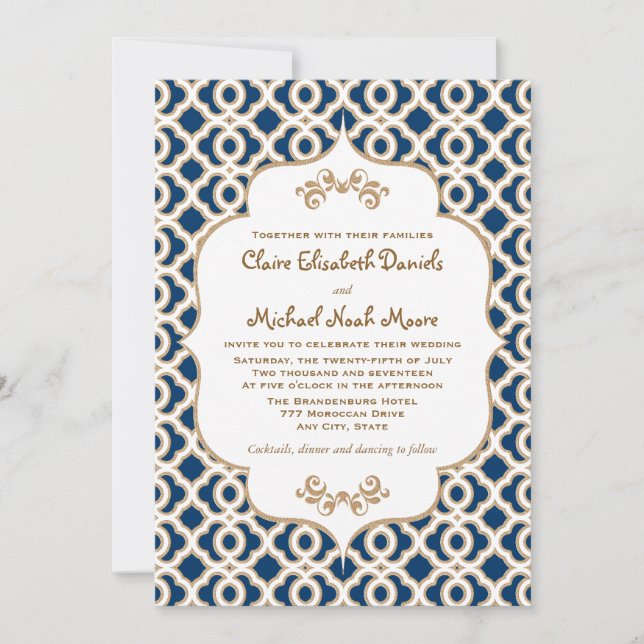 Navy Blue and Gold Moroccan Wedding Invitations (Front)