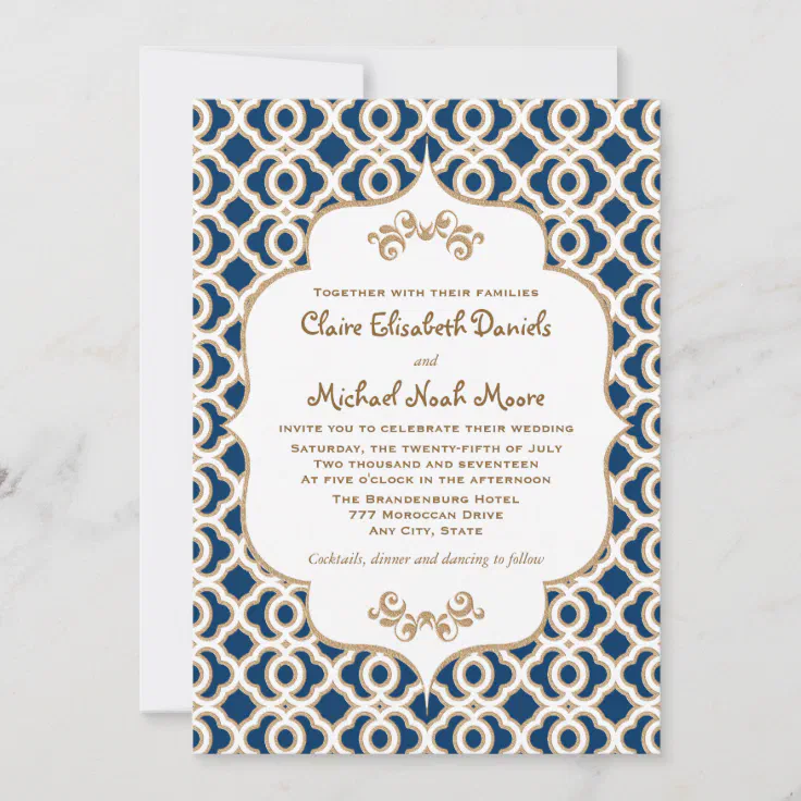 Navy Blue and Gold Moroccan Wedding Invitations | Zazzle