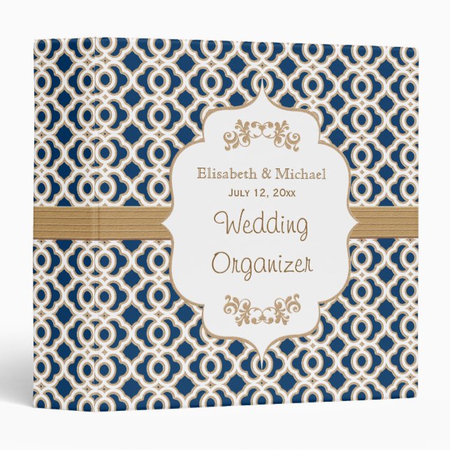 Navy Blue and Gold Moroccan Wedding Planner 3 Ring Binder (Front/Spine)
