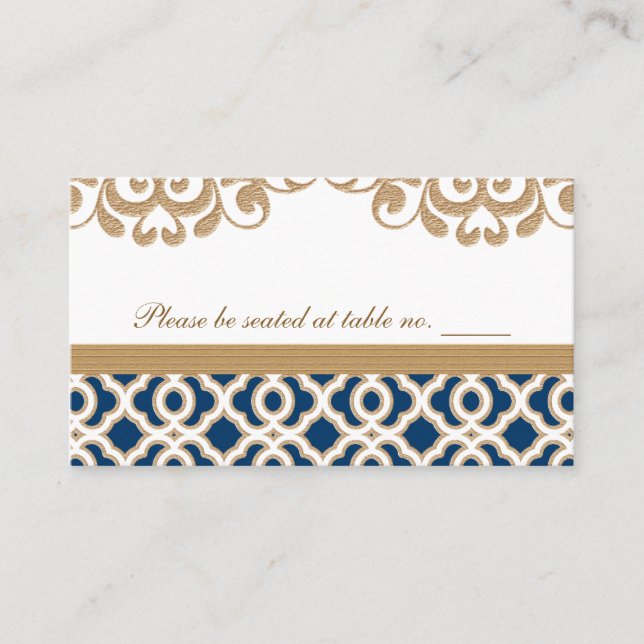 Navy Blue and Gold Moroccan Wedding Table Place Place Card (Front)