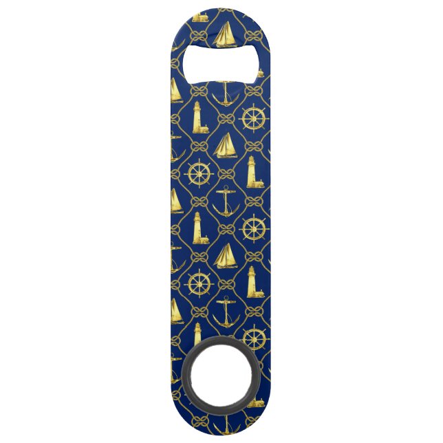 Navy Blue and Gold Nautical Maritime Sailboat Bar Key (Front)