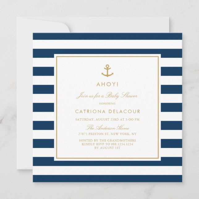 Navy Blue and Gold Nautical Stripes Baby Shower Invitation (Front)