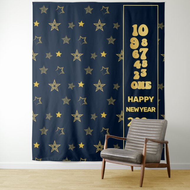 Navy Blue and Gold New Years Eve Countdown Party Tapestry (In Situ)