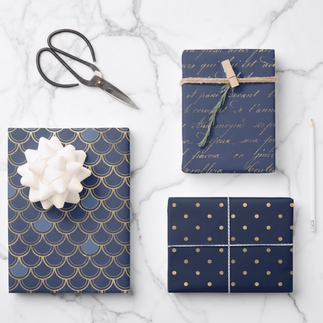 Navy blue and gold ocean themed seamless wrapping paper sheets (Front)