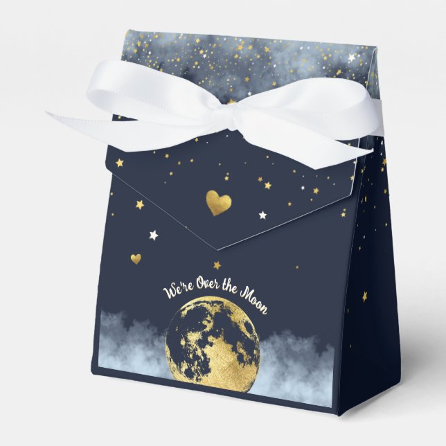 Navy Blue and Gold Over the Moon Baby Shower Favor Boxes (Front Side)