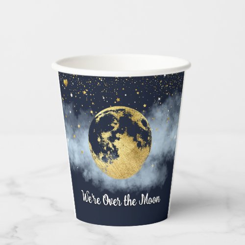 Navy Blue and Gold Over the Moon Baby Shower Paper Cups