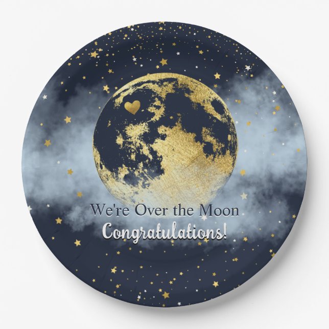 Navy Blue and Gold Over the Moon Congratulations Paper Plates (Front)