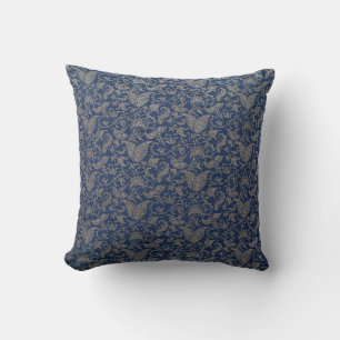 Navy Blue and Gold Pattern Throw Pillow