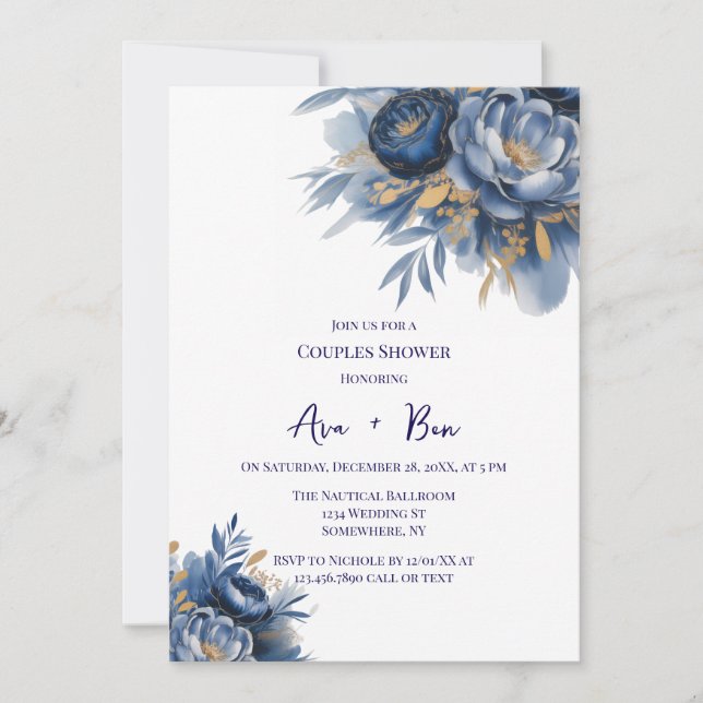 Navy Blue and Gold Peony Flower Couples Shower Invitation (Front)