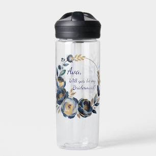 Navy Blue and Gold Peony Flower Wedding Bridesmaid Water Bottle