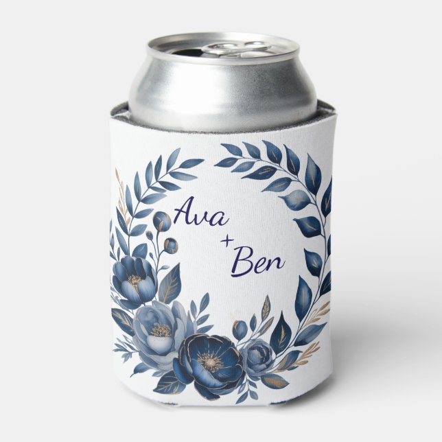 Navy Blue and Gold Peony Flower Wedding  Can Cooler (Can Front)
