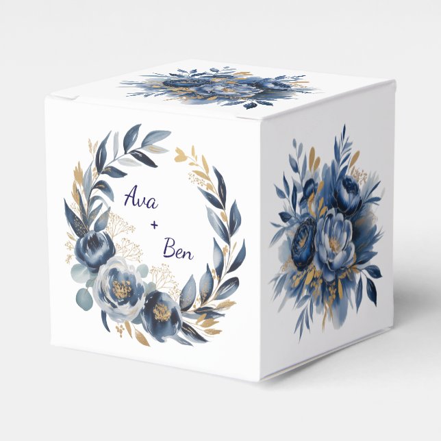 Navy Blue and Gold Peony Flower Wedding Favor Boxes (Front Side)