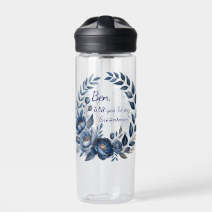 Navy Blue and Gold Peony Flower Wedding Groomsmen Water Bottle