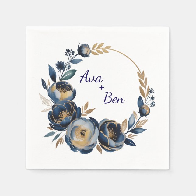 Navy Blue and Gold Peony Flower Wedding Napkins (Front)