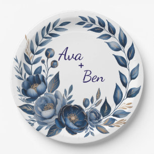 Navy Blue and Gold Peony Flower Wedding Paper Plates