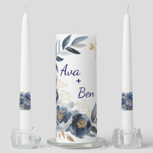 Navy Blue and Gold Peony Flower Wedding Unity Candle Set