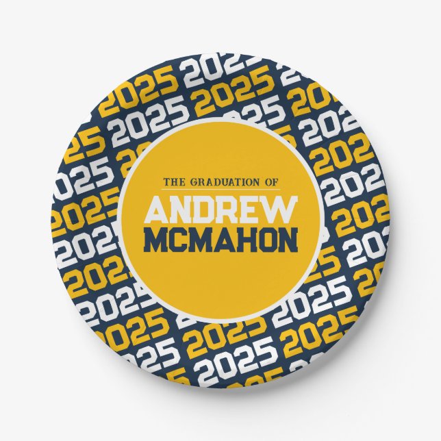 Navy Blue and Gold Personalized Graduation Paper Plates (Front)