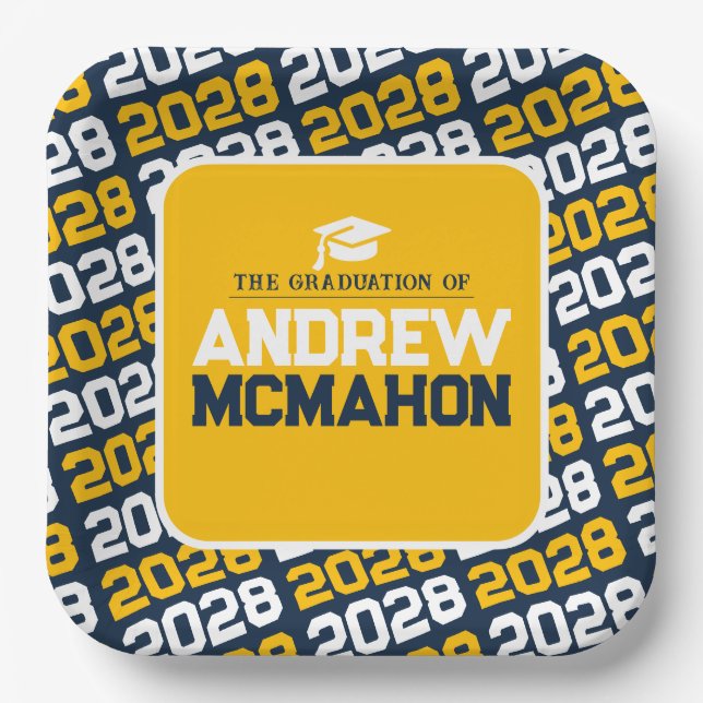 Navy Blue and Gold Personalized Graduation Paper Plates (Front)