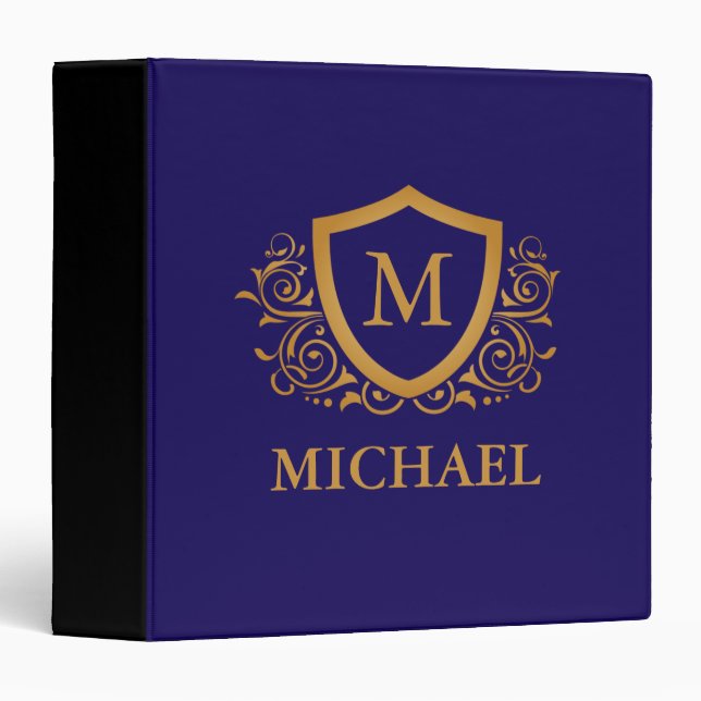 Navy Blue and Gold Personalized Monogram Name 3 Ring Binder (Front/Spine)