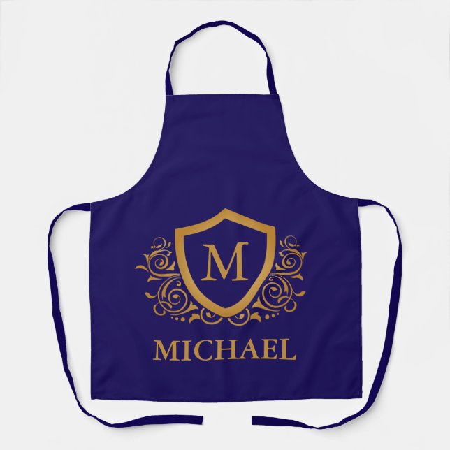 Navy Blue and Gold Personalized Monogram Name Apron (Front)
