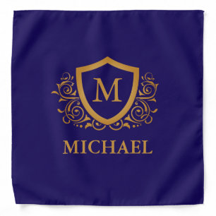 Navy Blue and Gold Personalized Monogram Name Bandana