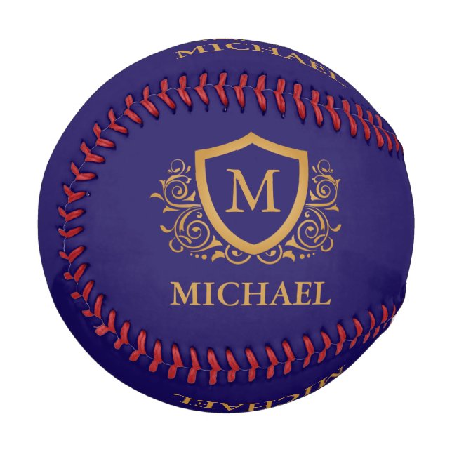 Navy Blue and Gold Personalized Monogram Name Baseball (Front Left)