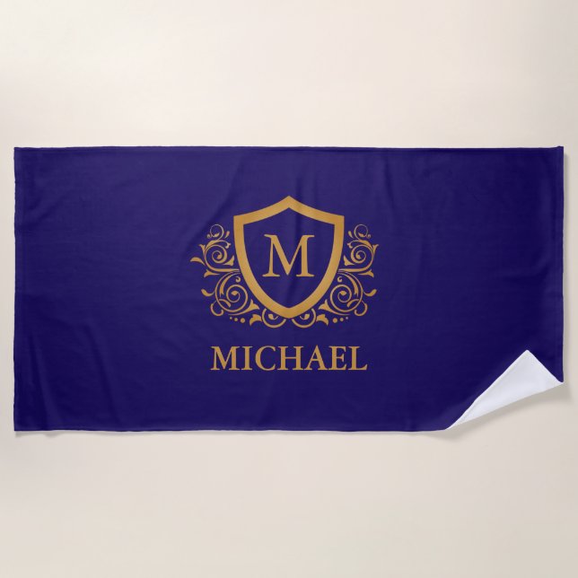 Navy Blue and Gold Personalized Monogram Name Beach Towel (Front)