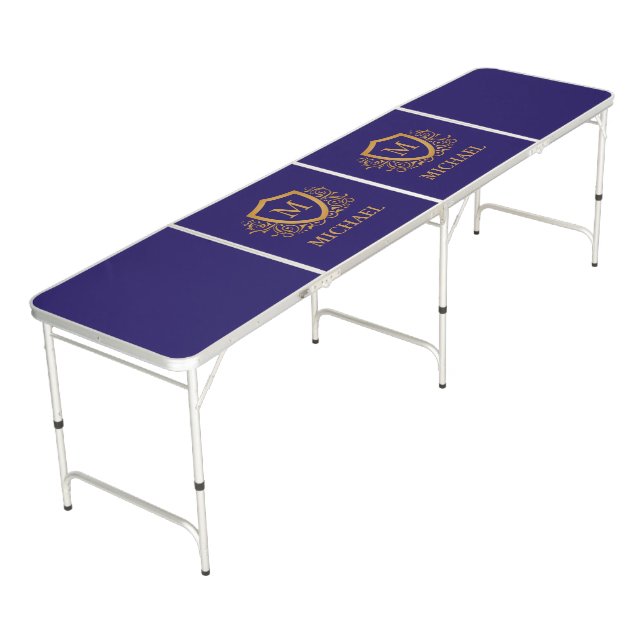 Navy Blue and Gold Personalized Monogram Name Beer Pong Table (Angled)