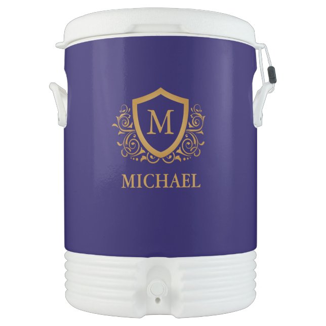 Navy Blue and Gold Personalized Monogram Name Beverage Cooler (Front)
