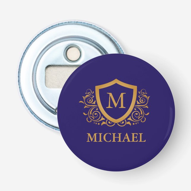 Navy Blue and Gold Personalized Monogram Name Bottle Opener (Front)