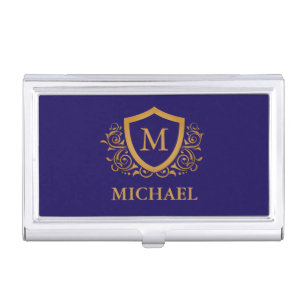 Navy Blue and Gold Personalized Monogram Name Business Card Case