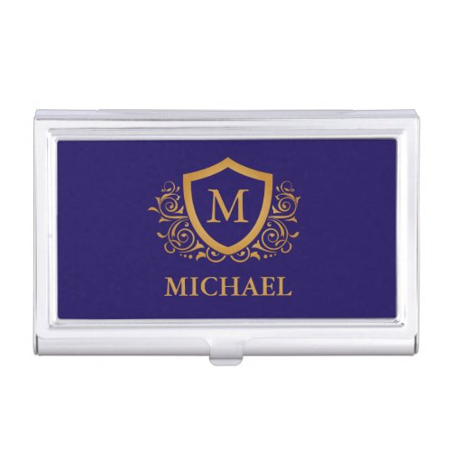 Navy Blue and Gold Personalized Monogram Name Business Card Case