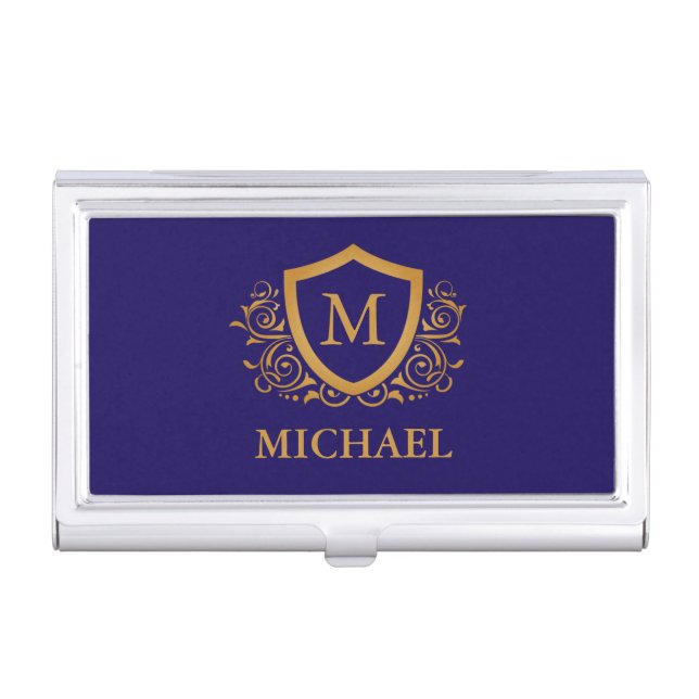 Navy Blue and Gold Personalized Monogram Name Business Card Case (Front)