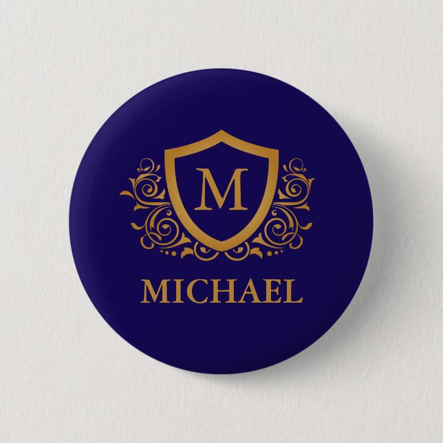 Navy Blue and Gold Personalized Monogram Name Button (Front)