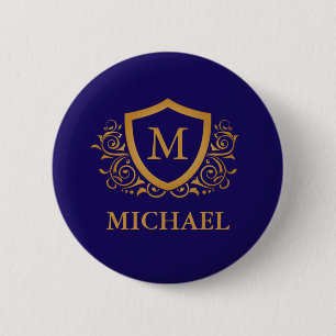 Navy Blue and Gold Personalized Monogram Name Button