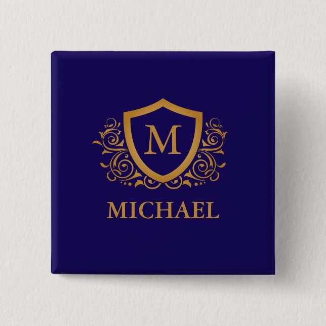 Navy Blue and Gold Personalized Monogram Name Button (Front)
