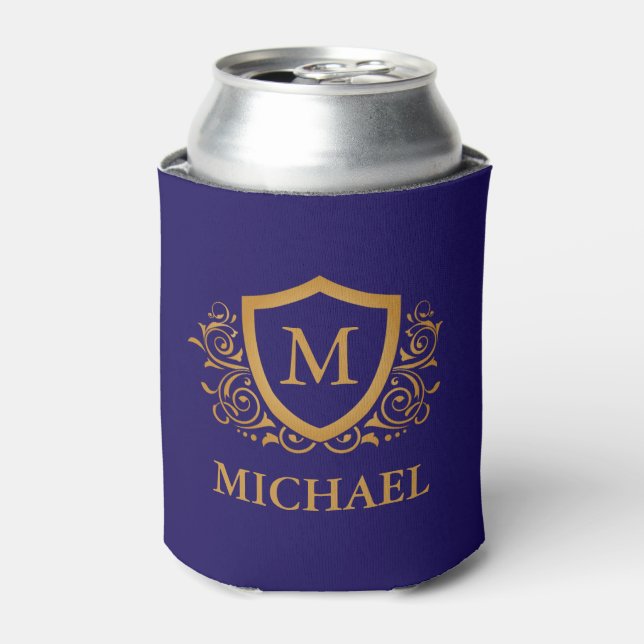Navy Blue and Gold Personalized Monogram Name Can Cooler (Can Front)