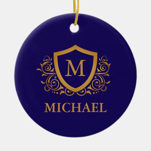 Navy Blue and Gold Personalized Monogram Name Ceramic Ornament (Front)