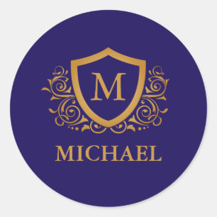Navy Blue and Gold Personalized Monogram Name Classic Round Sticker