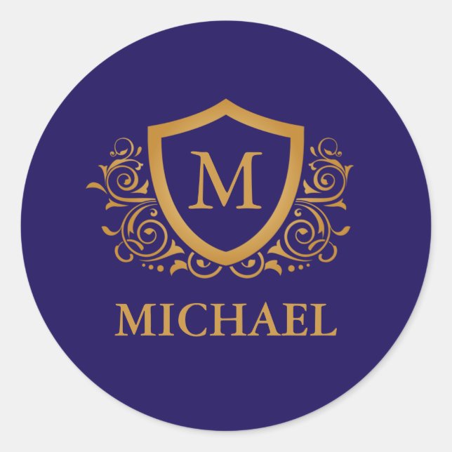 Navy Blue and Gold Personalized Monogram Name Classic Round Sticker (Front)